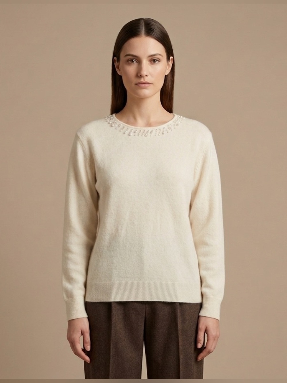 NWT Classiques Petites Beige Pearl Studded Lambswool and Angora Sweater N260-38